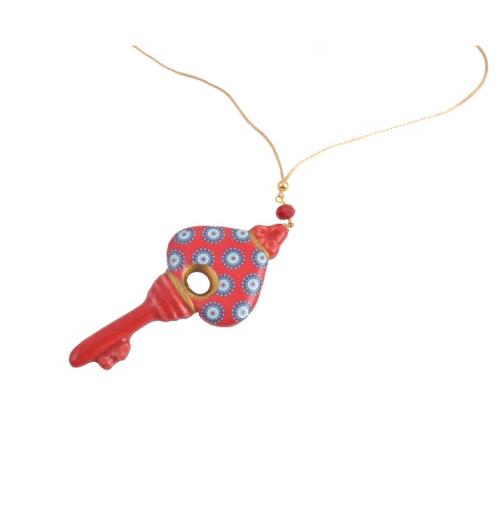 BiggDesign Evil Eye Key Necklace - Red, Adjustable Chain, Ceramic, Special Design, Evil Eye Pattern