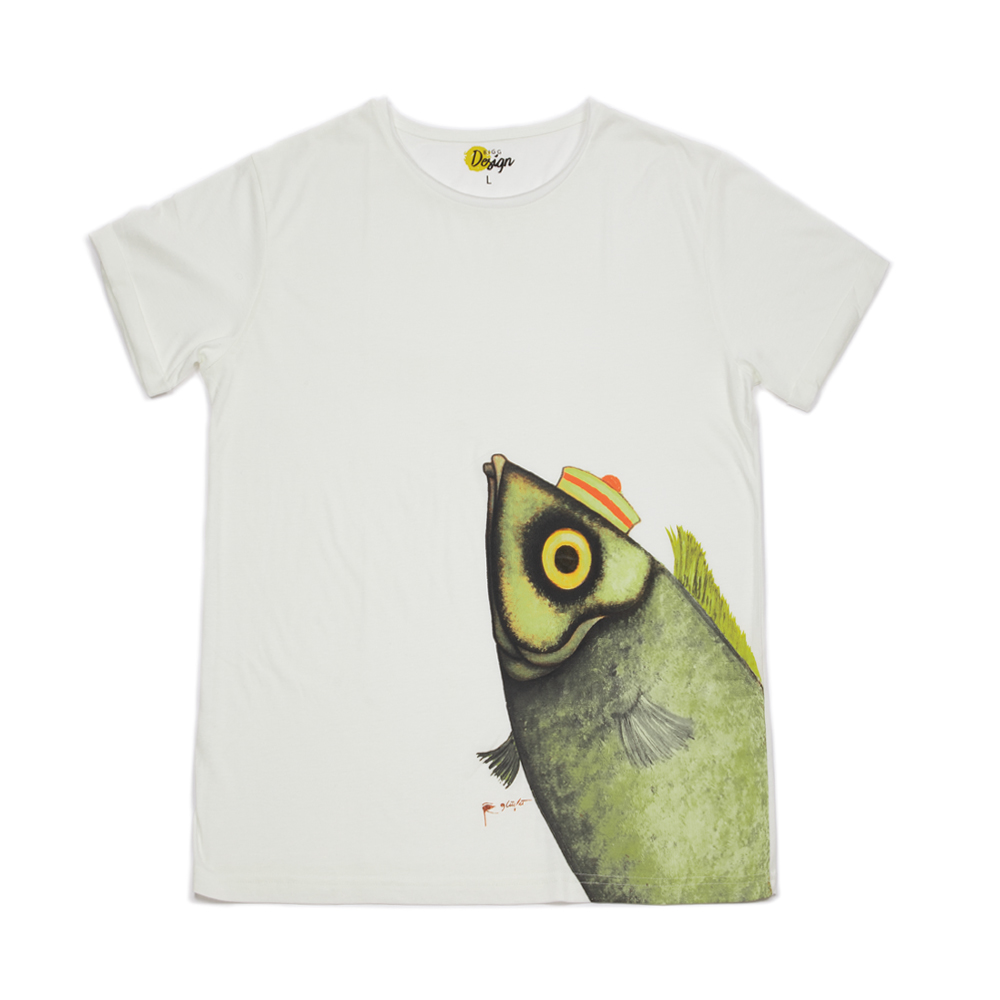 Biggdesign Pistachio Neck T-Shirt, Patterned Fish, Short Sleeve, Men's T-Shirt, Soft Cotton, Casual T-shirts, Large
