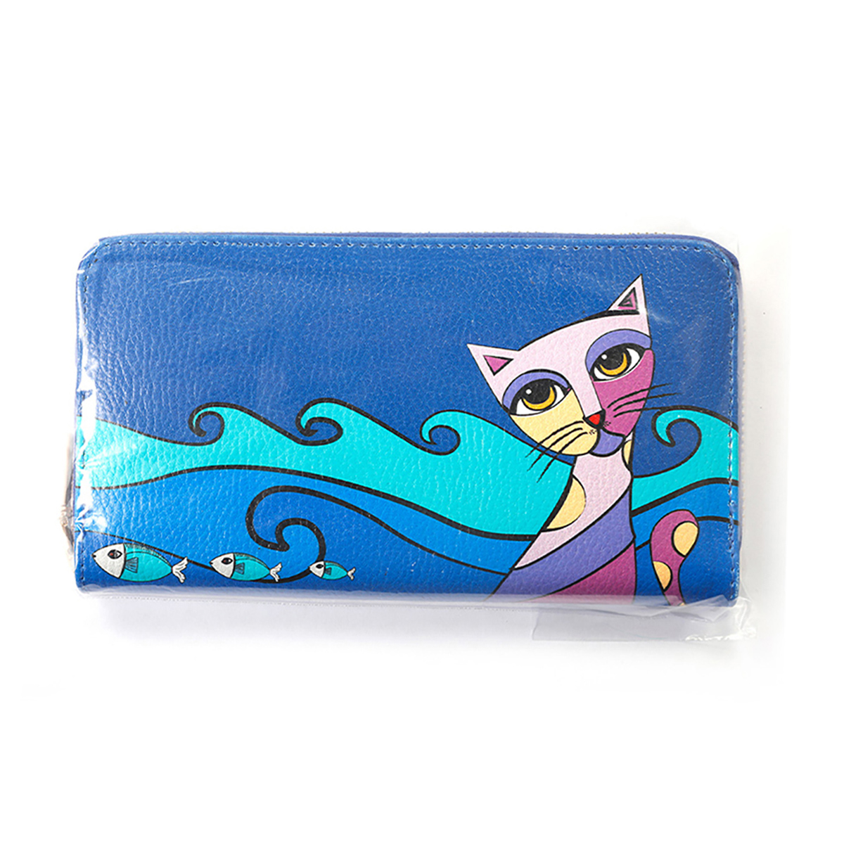 Women's Cat Wallet, Cute Cat Long Purse for Women, Card Holder for Girls, Women Wallet for Cash, Credit Cards, Phones and Coins (Faux Leather, Blue Color)