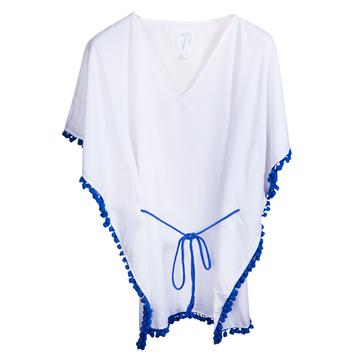 Biggdesign Blue PomponBeach Dress, 100% Cotton Fabric, Beach Elegance, Large / XL