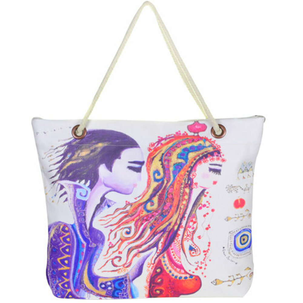BiggDesign "Love" Patterned Beach Bag - White, Cotton Fabric, Light and Durable, Shopping Bag