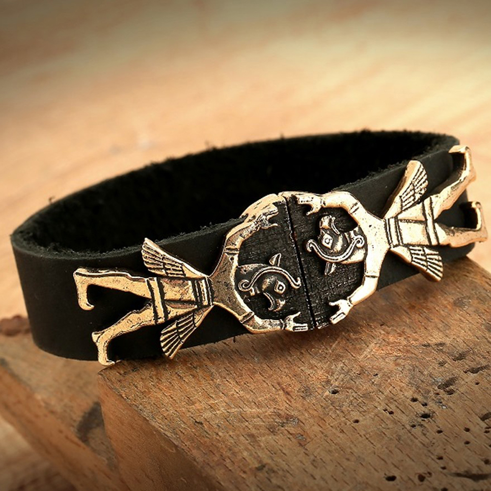 Biggdesign Bird Man Male Bracelet, Leather, Bronze, 21 cm.