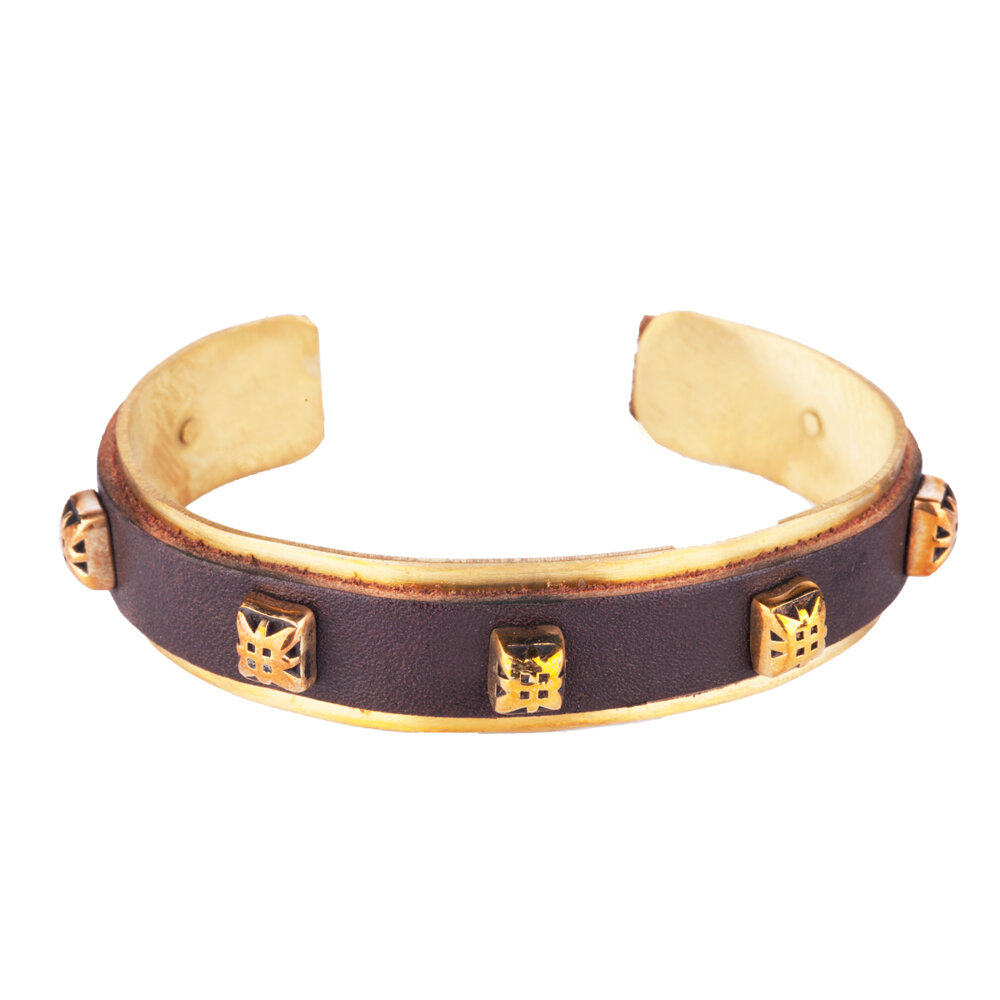 Bronze Bangle Bracelet for Biggdesign, Men, 100% Bronze And Leather Design, Leather Bracelet,  Bracelet Diameter: 21 cm