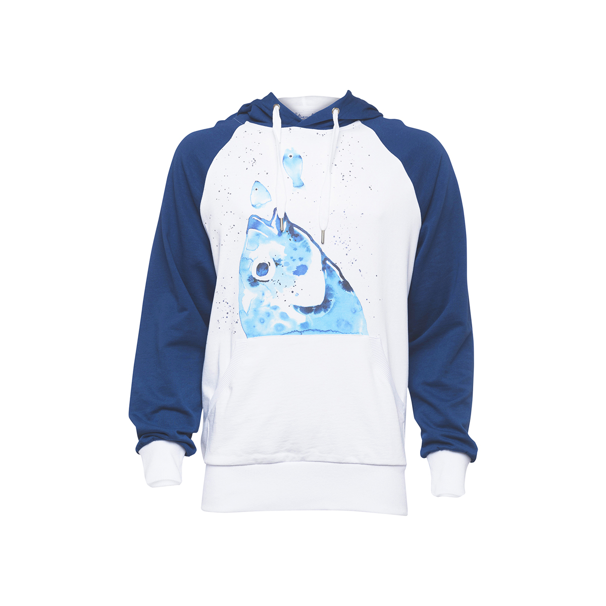 AnemosS Bream Patterned White Men's Sweatshirt with Hoodie, White and Blue Color, Bream Patterned, Long Sleeve, Small Size