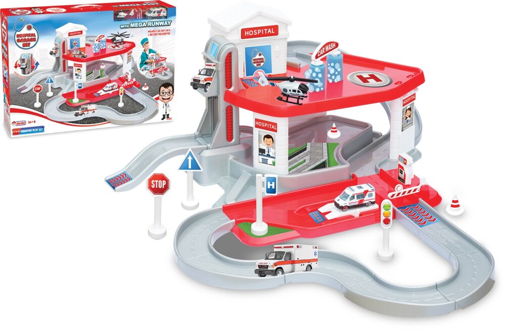 Dede 2 Storey Ambulance Garage Kit, Ambulance Toys, Helicopter Toy , Red White Color, Educative Toys