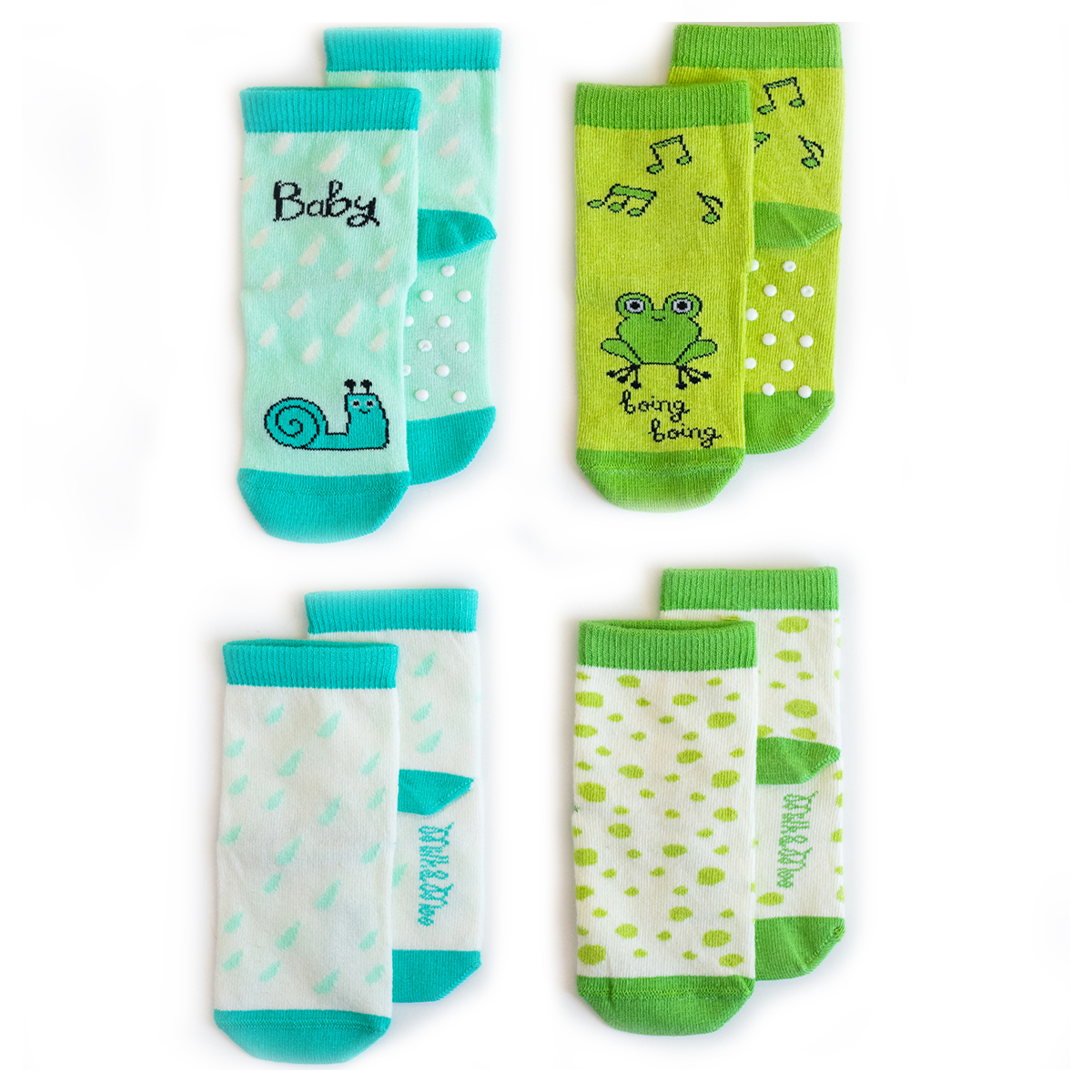 Milk&Moo Cacha Frog and Baby Sangaloz Snail 4 In 1 Baby Socks, Newborn Socks, Preemie Socks, Infant Socks, 0-12 Months