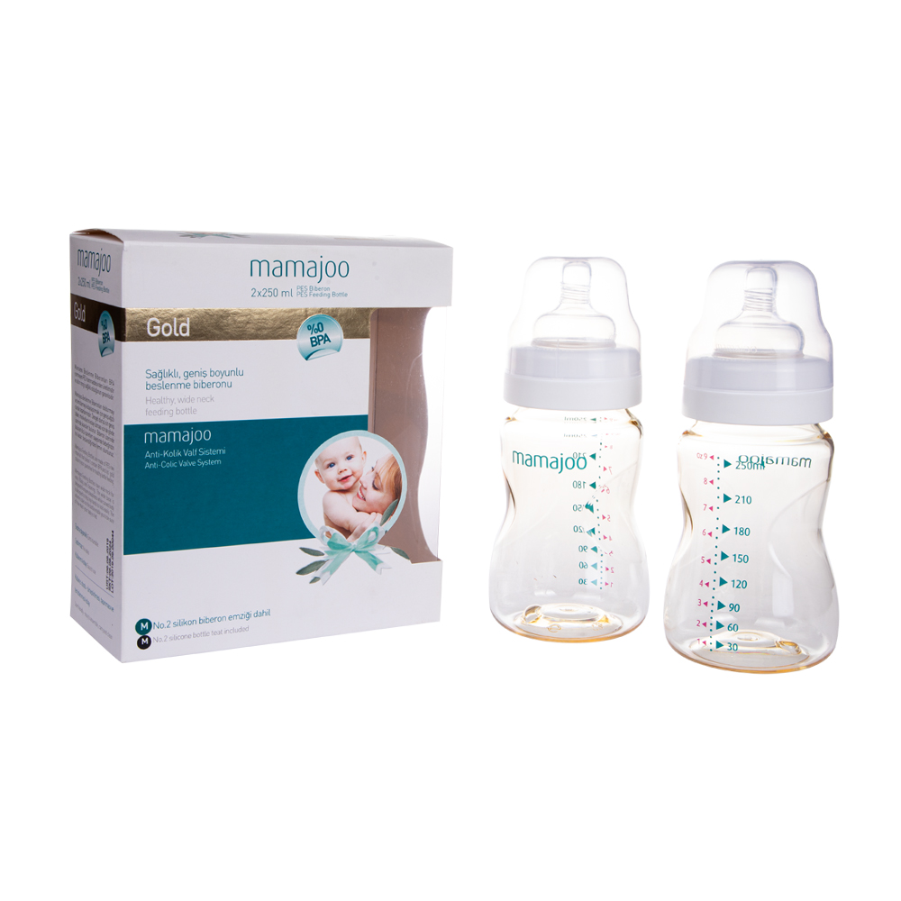 Mamajoo Gold Twin Pack Feeding Bottle, 250 ml, BPA Free, For Newborn Babies, Baby Health,  0+ months