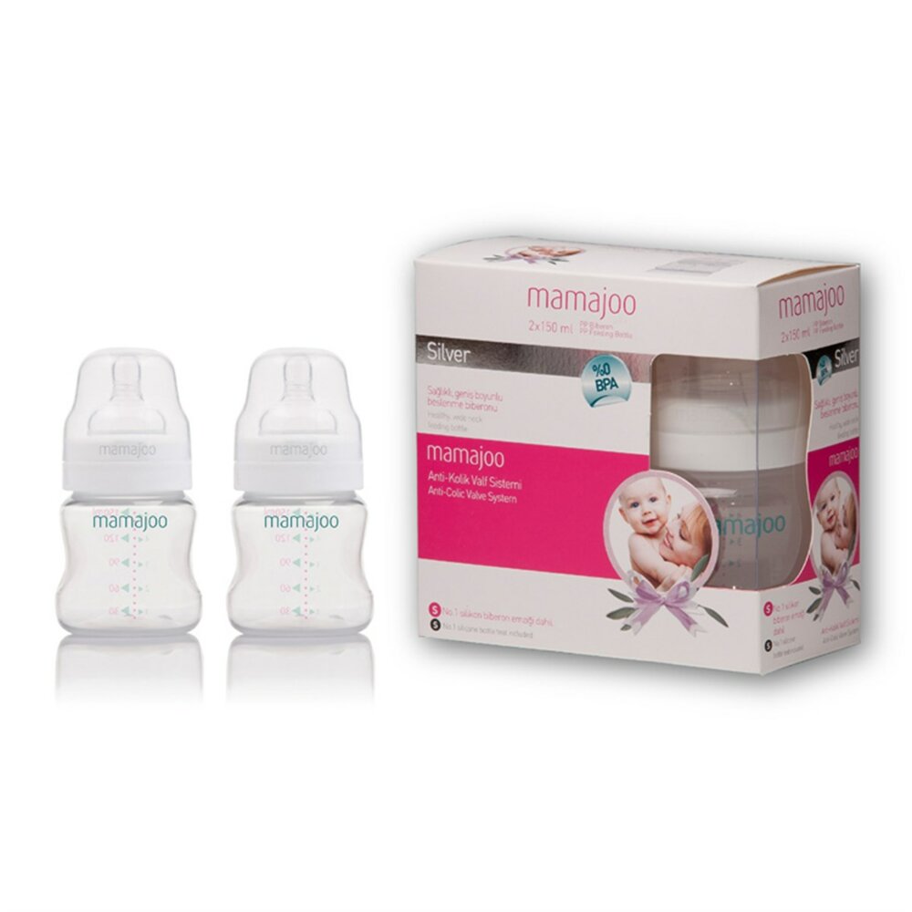 Mamajoo Silver Twin Pack Feeding Bottle, 150 ml, BPA Free, For Newborn Babies, Baby Health,  0+ months
