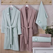 Hobby Line - Cotton Bathrobe Set - Dark Green, Dark Beige