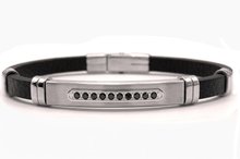 Welch Steel Welch Stainless Steel Men Stone Detailed Leather Bracelet