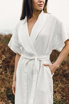 Picture of JOJOMIA Natura Kısa Kollu Şal Yaka Çizgili Kadın Sabahlık / Kimono - BEJ