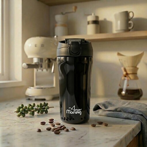 Picture of Any Morning 14 oz Travel Mug SI232021 - Black, Leakproof, Dual Lid, Stainless Steel