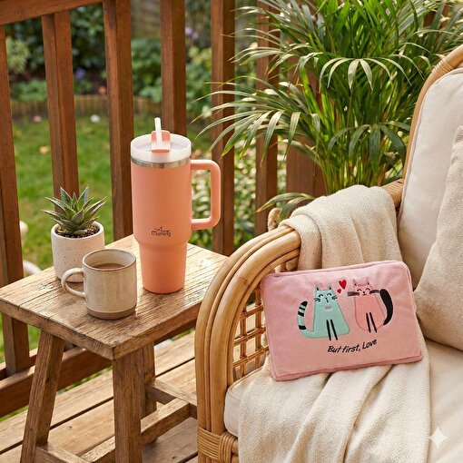 Any Morning Vaha 1200 ml Çelik Termos, Açık Somon & BiggDesign Cats Elektrikli Sıcak Su Torbası Seti. ürün görseli