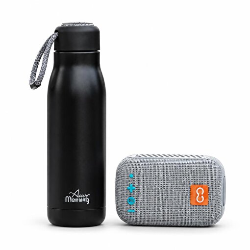 Any Morning 600 ml Çelik Termos, Siyah & Moodix 5W Taşınabilir Kablosuz Hoparlör Gri Seti. ürün görseli