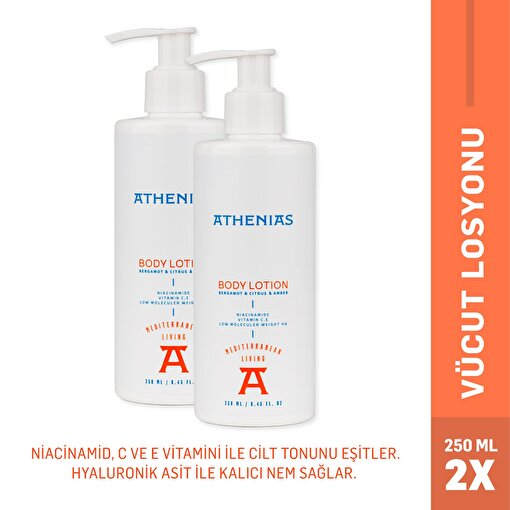 Athenias Body Lotion 250 ML 2 Li Niacinamide, E Ve C Vitamini İçeren Vücut Losyonu 2'li Ürün | Uzun Süre Nem + Cilt Tonu Eşitleyici. ürün görseli
