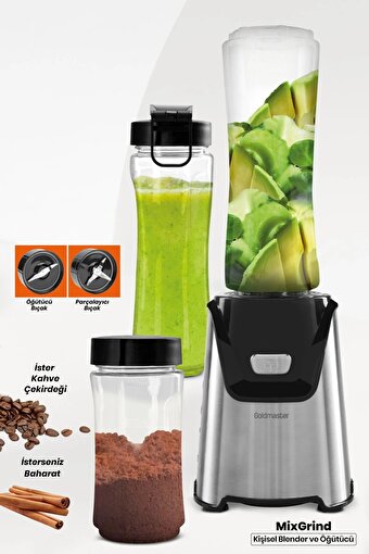 Goldmaster Mixgrind 2in1 Paslanmaz Çelik Bıçaklı Kişisel Smoothie Blender ve Kahve Baharat Öğütücü. ürün görseli