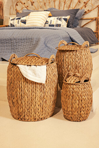 Picture of  Koza Home Meander Water Hyacinth Handle Lid Laundry Basket Set 3-Piece 5110