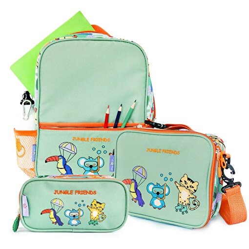 Milk&Moo Çocuk Sırt Çantası, Kalem Kutusu, Beslenme Çantası 3'lü Set Jungle Friends. ürün görseli