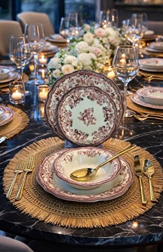 Picture of Porser Velour Maroon Fulya Dinner Set 24 Pieces