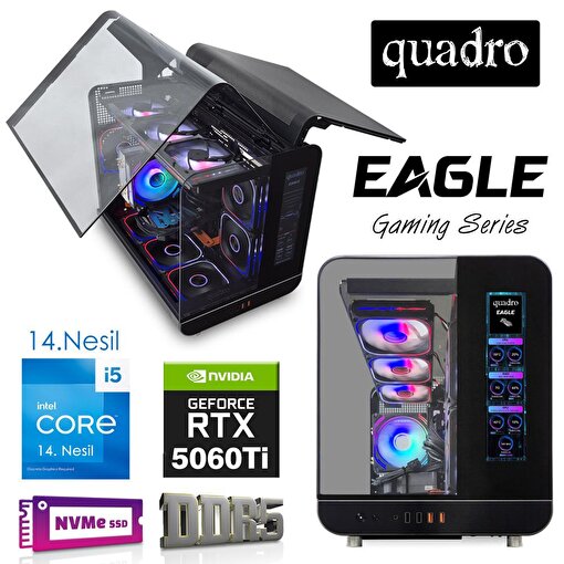 Quadro EAGLE IX5 14168 Gaming Masaüstü Bilgisayar 14. Nesil Intel Ci5 14400F/16gb DDR5 / 512GB NVME M.2 SSD / 16GB RTX5060Ti / Freedos . ürün görseli