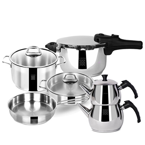 Picture of Serenk Modernist 10-Piece Stainless Steel Cookware Set – Pots, Pressure Cooker & Teapot