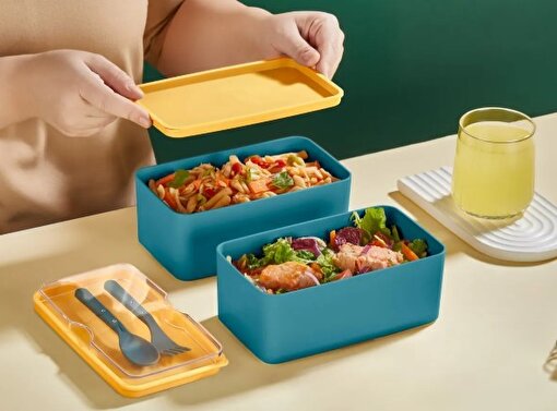 Saint Belisama Mega Boy 2 Katlı Yemek Saklama Kabı 2 Litre - Kendinden Çatal Kaşık Servisli Lunch Box Set Yeşil. ürün görseli