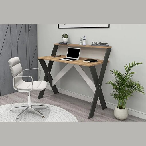 X Ayaklı Raflı Ders Çalışma Masası 50x90 cm Antrasit - Çam resmi