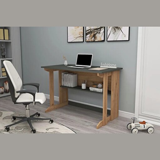 Pillar Kütüphaneli Geniş Çalışma Masası 100x56 Cm Çam - Antrasit resmi