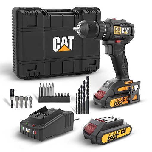 CAT DX1010.1 18Volt 2.0Ah Li-ion Çift Akülü Kömürsüz Profesyonel Şarjlı Darbeli Matkap + 20 Parça Delme Vidalama Uç Seti. ürün görseli