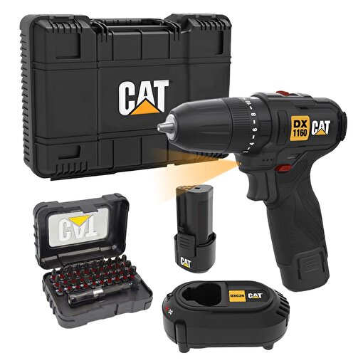 CAT DX1160 12Volt/2.0Ah Li-ion Çift Akülü Kömürsüz Profesyonel Şarjlı Darbeli Matkap + DA01901 32 Parça Aksesuar Seti. ürün görseli