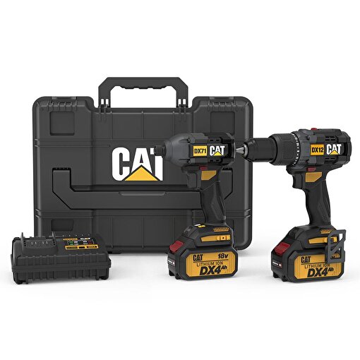 CAT DX12K.2 18Volt/4.0Ah Li-ion Çift Akülü Kömürsüz Profesyonel Şarjlı Darbeli Matkap + DX71.2 Kömürsüz Darbeli Tornavida Kombo Set. ürün görseli
