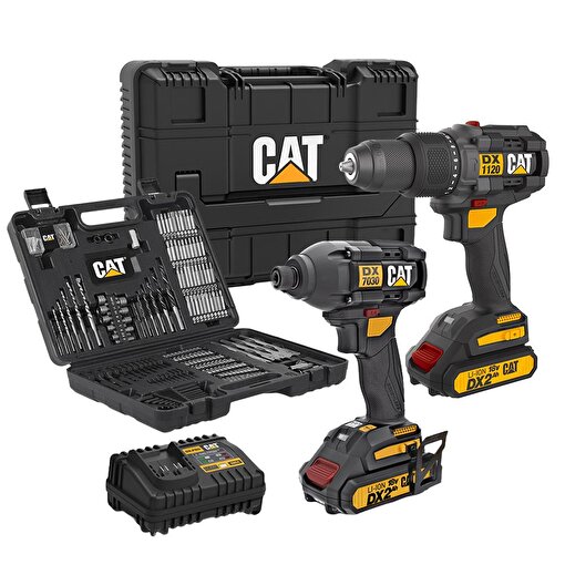 CAT DXK201 18Volt/2.0Ah Li-ion Çift Akülü Kömürsüz Profesyonel Şarjlı Darbeli Matkap + DX7030 + DA01903 Kombo Set. ürün görseli