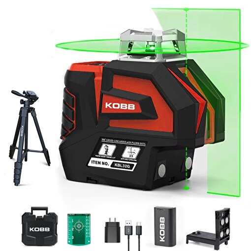 KOBB KBL32GTP Profesyonel Li-ion Yatay 360° ve Dikey Otomatik Hizalamalı Yeşil Nokta Şakül ve Çapraz Çizgi Lazer+Tripod. ürün görseli