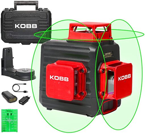 KOBB KBL34G 40 Metre Profesyonel Li-ion Şarjlı 3X360⁰ Otomatik Hizalamalı Yeşil Çapraz Çizgi Lazer Distomat. ürün görseli
