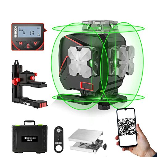 KOBB KBL36G Profesyonel Li-ion Şarjlı 4X360⁰ LCD Ekran Otomatik Hizalamalı Yeşil Çapraz Çizgi Lazer Distomat. ürün görseli