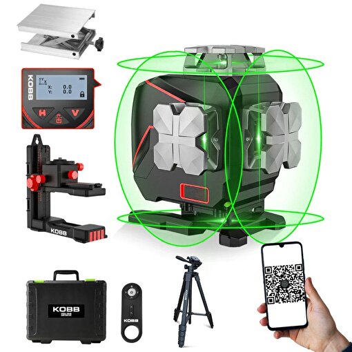 KOBB KBL36GTP Profesyonel Li-ion Şarjlı 4X360⁰ LCD Ekran Otomatik Hizalamalı Yeşil Çapraz Çizgi Lazer Distomat+Tripod. ürün görseli