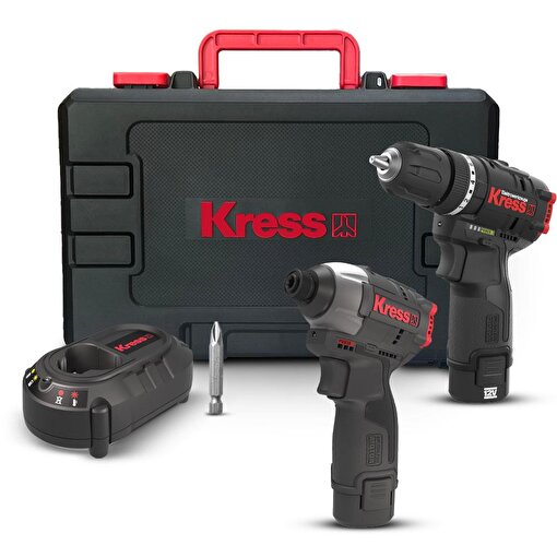 Kress KUG02 12Volt/2.0Ah. Li-ion Çift Akülü Kömürsüz Profesyonel Şarjlı Darbeli Matkap + Kömürsüz Darbeli Tornavida Kombo Set. ürün görseli