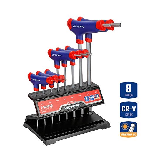 WORKPRO WP200542 8 Parça CR-V Top Başlı T Tipi Uzun Profesyonel Allen Anahtar Takımı. ürün görseli