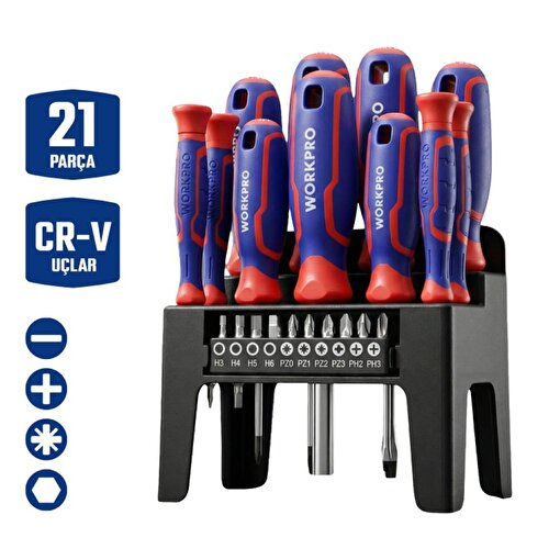 WORKPRO WP200551 21 Parça CR-V Duvar Askı Aparatlı Profesyonel Manyetik Tornavida Seti. ürün görseli