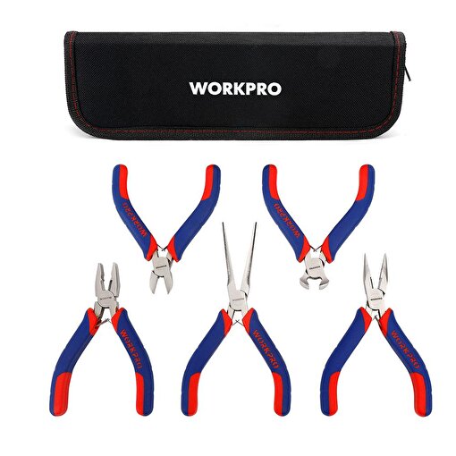 WORKPRO WP201015 CR-V 5 Parça Elektronikçi Profesyonel Mini Pense Seti + Bez Taşıma Çantası. ürün görseli