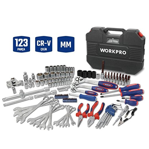 WORKPRO WP202533 1/4'’ 3/8’’ 1/2'’ 123 Parça Cr-V Metrik Ağır Hizmet Lokma ve Kombine Anahtar Takımı . ürün görseli