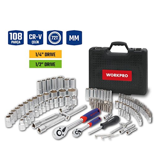 WORKPRO WP202535 1/4'’ 1/2'’ 108 Parça Cr-V Metrik Profesyonel Lokma Takımı . ürün görseli