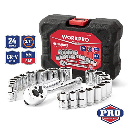 WORKPRO WP202541 3/8'’ CR-V 24 Parça Metrik/İnç Ağır Hizmet Lokma Takımı. ürün görseli