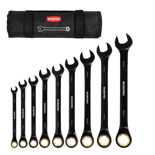 WORKPRO WP202602 8-19mm 9 Parça CR-V Profesyonel Cırcır Kombine Anahtar Takımı + Bez Taşıma Kılıfı. ürün görseli