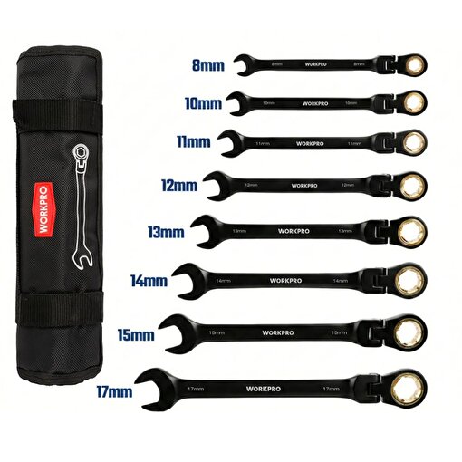 WORKPRO WP202603 8-17mm 8 Parça CR-V Profesyonel Mafsallı Cırcır Kombine Anahtar Takımı + Bez Taşıma Kılıfı. ürün görseli