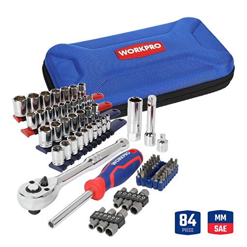WORKPRO WP209006 84 Parça 3/8’’ 1/4’’ CR-V Metrik/İnç Profesyonel Lokma ve Bits Uç Takımı. ürün görseli