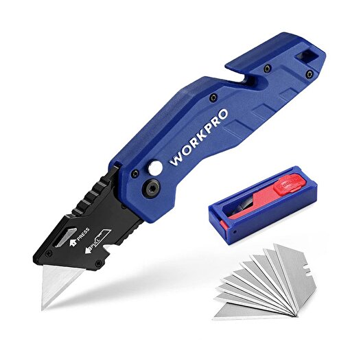 WORKPRO WP211008 Profesyonel Katlanır Çok Amaçlı Rötuş Maket Bıçağı + 10 Adet Yedek Bıçak. ürün görseli
