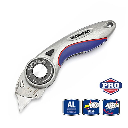 WORKPRO WP211013 Ağır Hizmet Alüminyum Gövde Açı Ayarlı Katlanır Rötuş Maket Bıçağı + 5 Adet Yedek Bıçak. ürün görseli