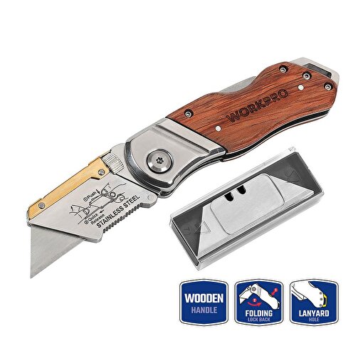 WORKPRO WP211014 Ağır Hizmet Paslanmaz Çelik/Ahşap Gövde Katlanır Rötuş Maket Bıçağı + 10 Adet Yedek Bıçak. ürün görseli