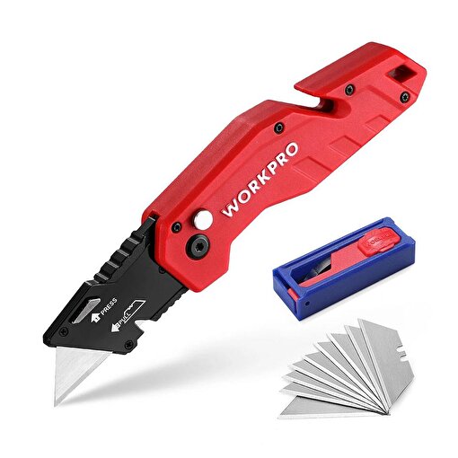WORKPRO WP211018 Profesyonel Katlanır Çok Amaçlı Rötuş Maket Bıçağı + 10 Adet Yedek Bıçak. ürün görseli